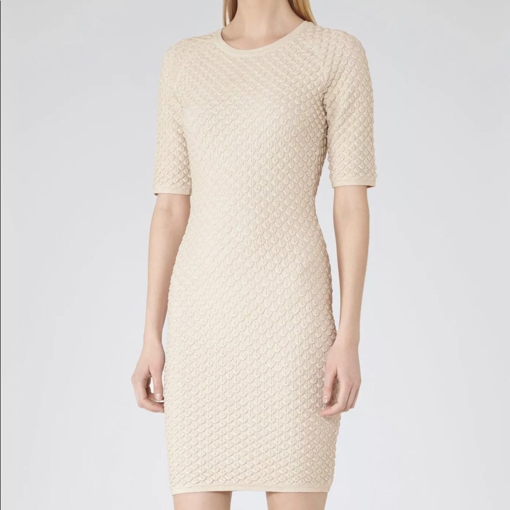 REISS India Shimmer Gold Dress S 4 NEW Lurex Ivory Textured Stretch Bodycon - Picture 1 of 6